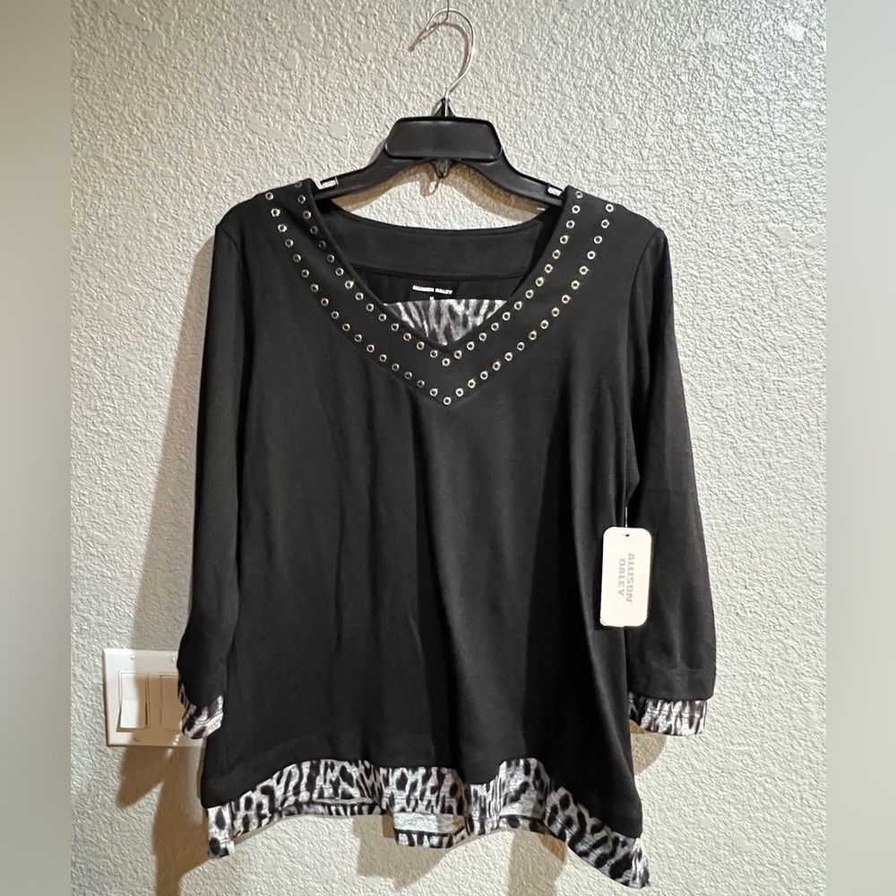 Alison Daley black top with animal print detailing size M